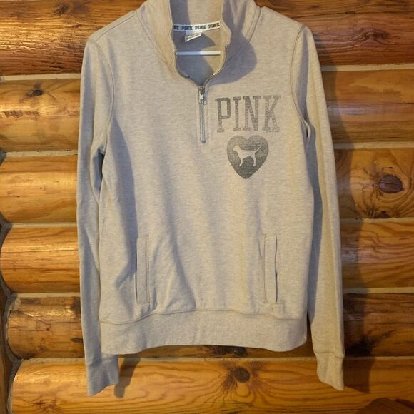 Victoria's Secret PINK Half Zip Heather Beige Tan Pullover Sweatshirt Sm… - Picture 6 of 12